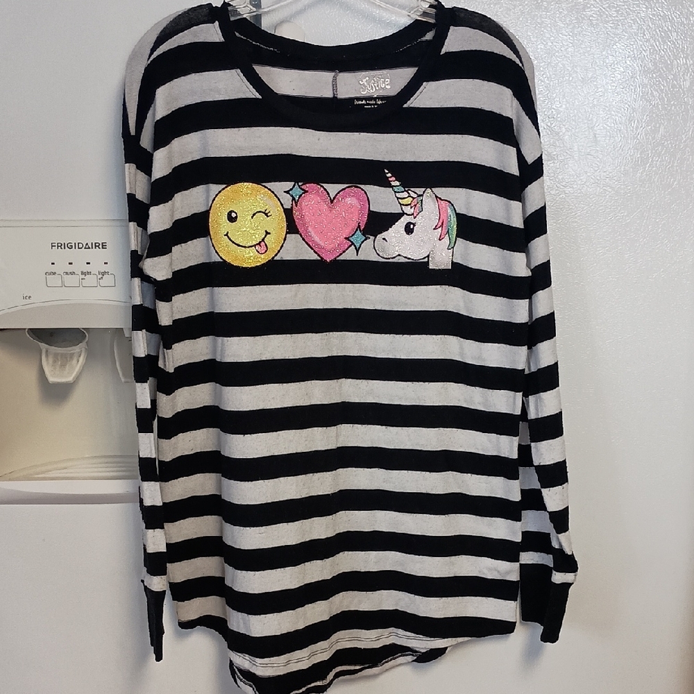 Justice Black Striped Emoji Unicorn Long Sleeve Sweater  Girl`s Plus Size 20